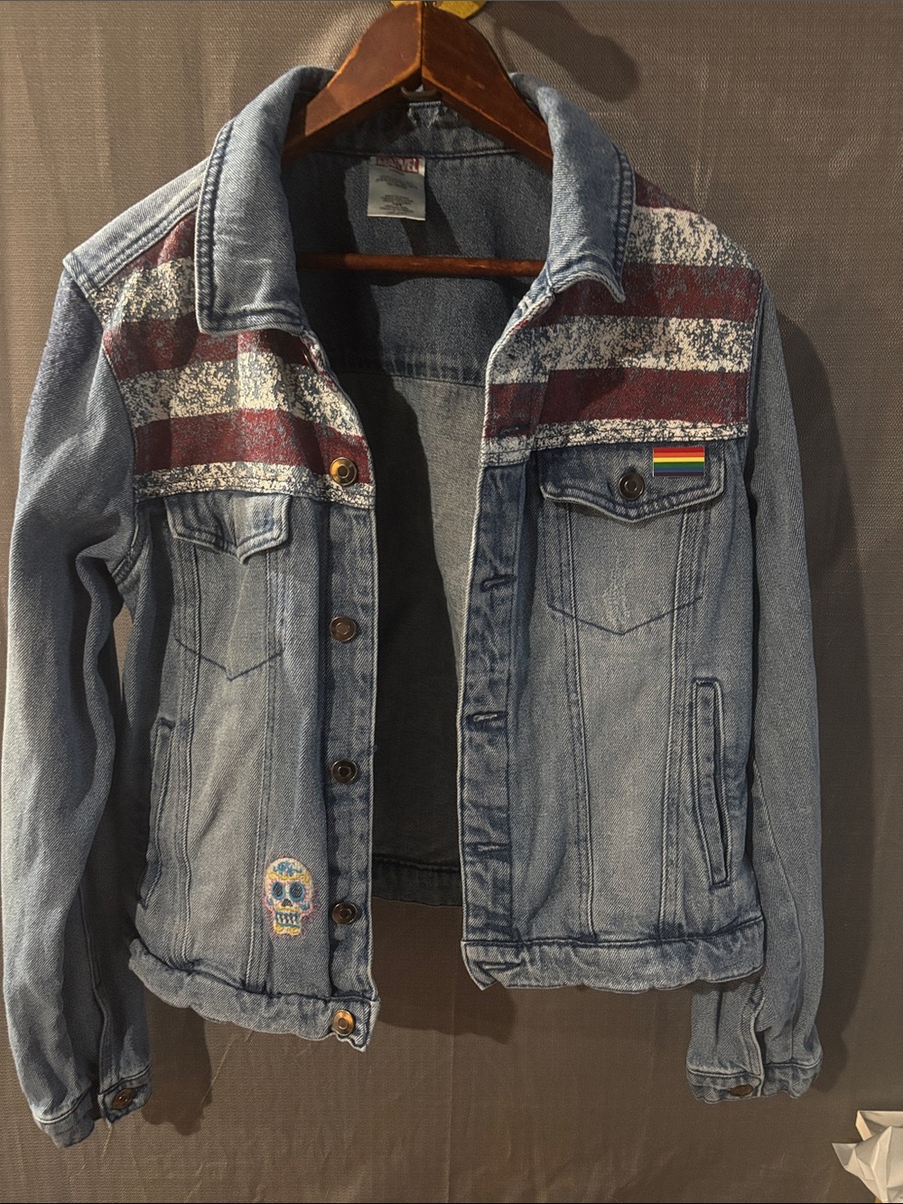 Marvel Light Blue Denim Jacket with Red-White Stripes & Rainbow Patch